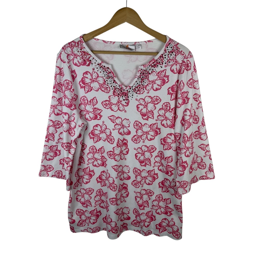 Quacker Factory Pink Hibiscus Floral Rhinestone Tunic Top Large‎ Hawaiian Beachy